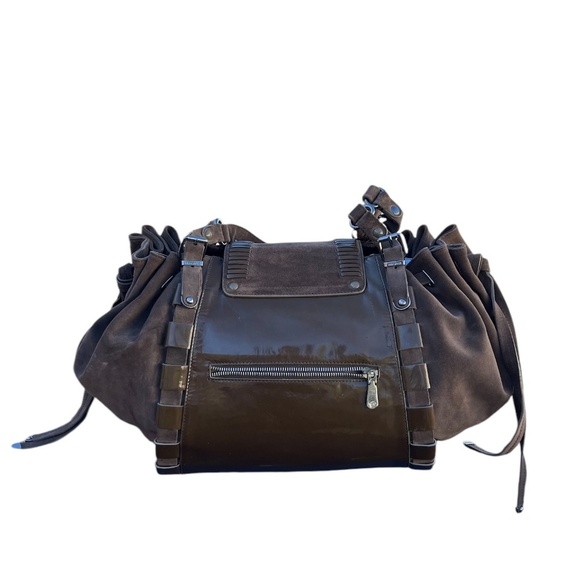 Gianni Versace Suede Brown Patent Leather Bag Shoulder Hobo Shopper Drawstring - Picture 4 of 15